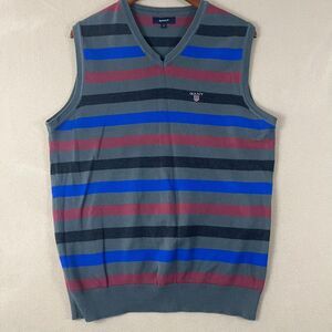 GANT Mens Sweater Vest Large Multicolor Stripped Knit VNeck Slipover Preppy Golf